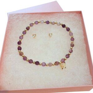 Butterfly Charm Beaded Bracelet and Stud Earring Set 2pc - Amethyst